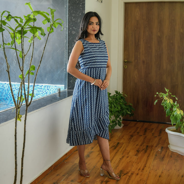 Indigo Blue Zigzag Frill Cotton Dress
