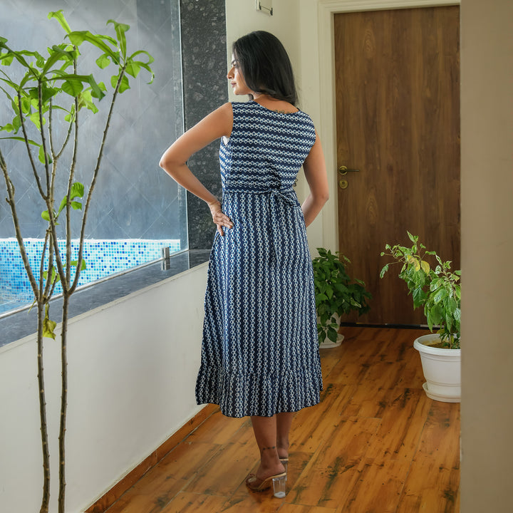 Indigo Blue Zigzag Frill Cotton Dress