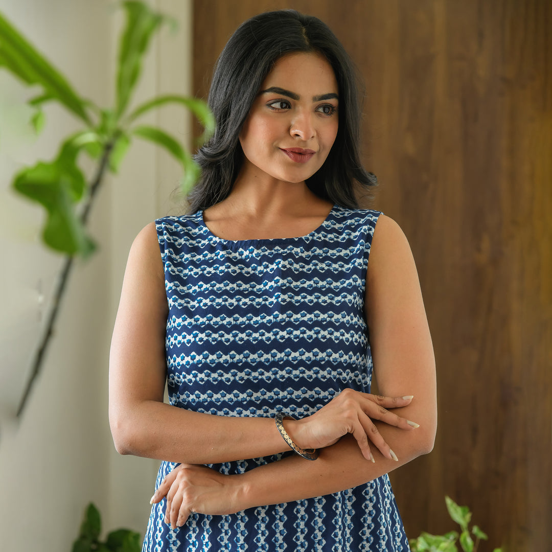 Indigo Blue Zigzag Frill Cotton Dress