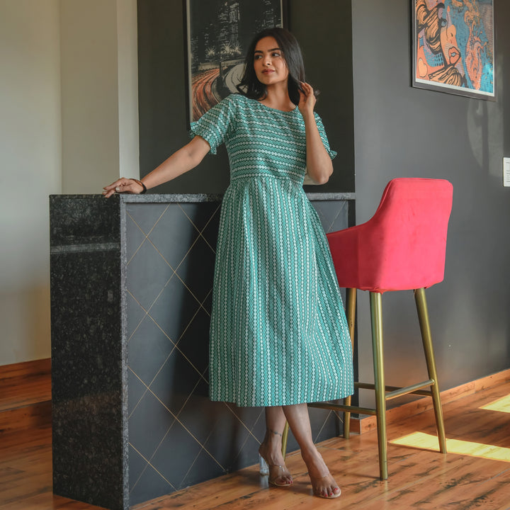 Dabu Green Zigzag Mom and Daughter Dresses