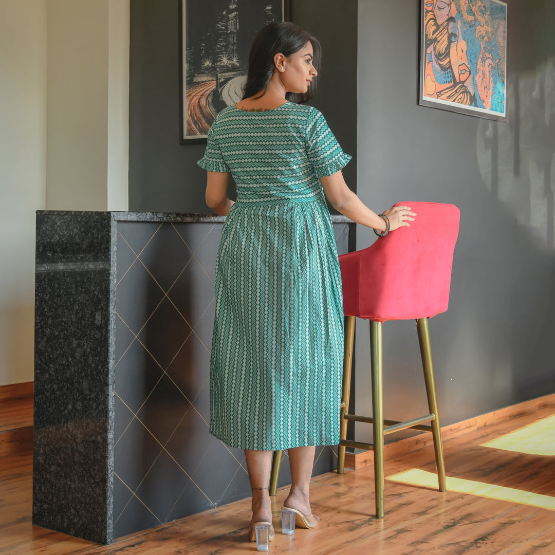 Dabu Green Zigzag Mom and Daughter Dresses