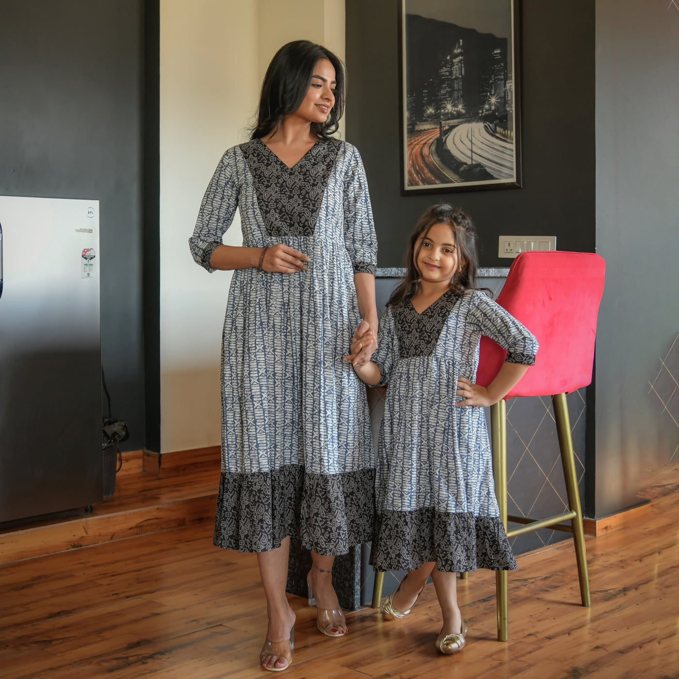 Midnight Bloom Mom and Daughter Cotton Dresses