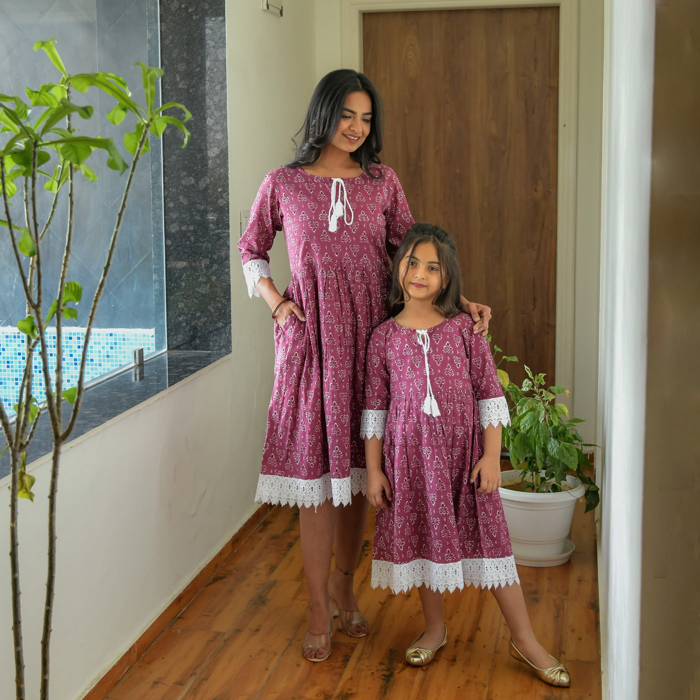Leafy Purple Cotton Mom and Daughter Dresses