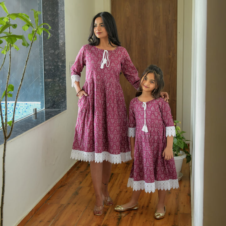Leafy Purple Cotton Mom and Daughter Dresses