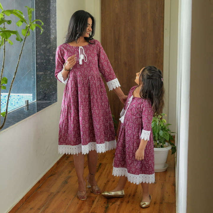 Leafy Purple Cotton Mom and Daughter Dresses