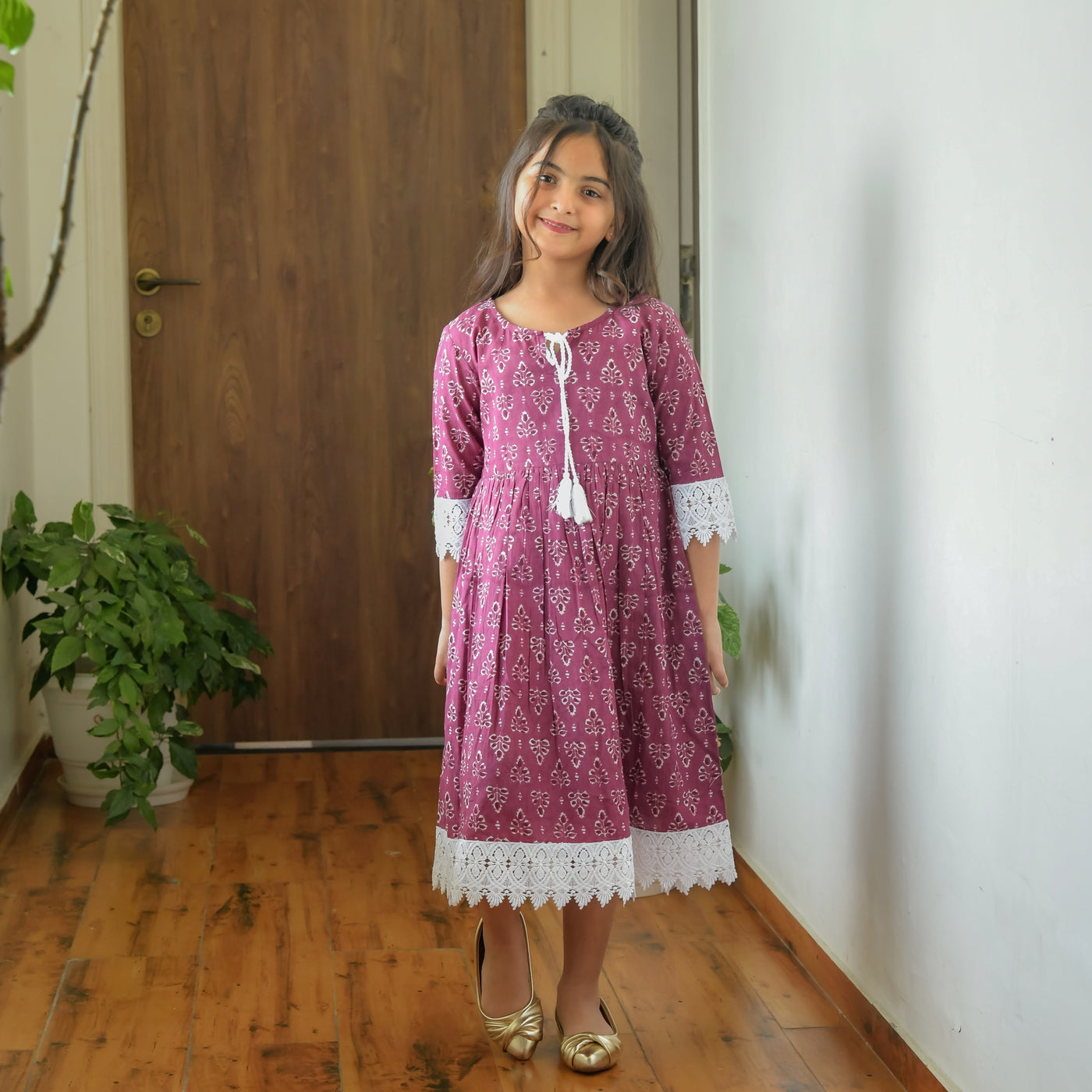 Leafy Purple Cotton Mom and Daughter Dresses