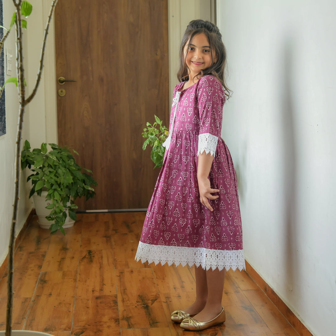 Leafy Purple Cotton Mom and Daughter Dresses