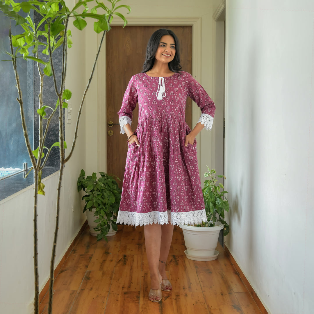 Leafy Purple Cotton Mom and Daughter Dresses