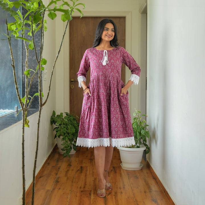 Leafy Purple Cotton Mom and Daughter Dresses