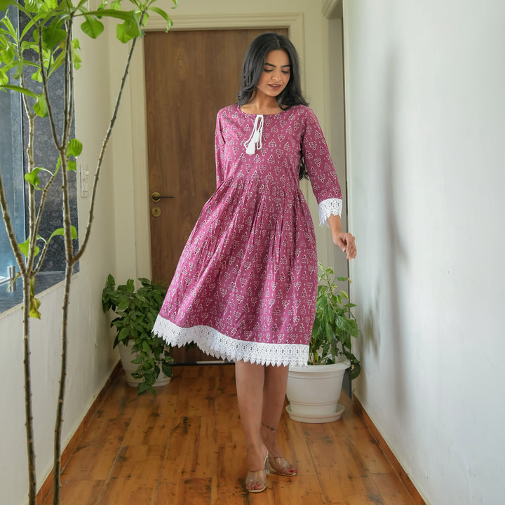 Leafy Purple Cotton Dress
