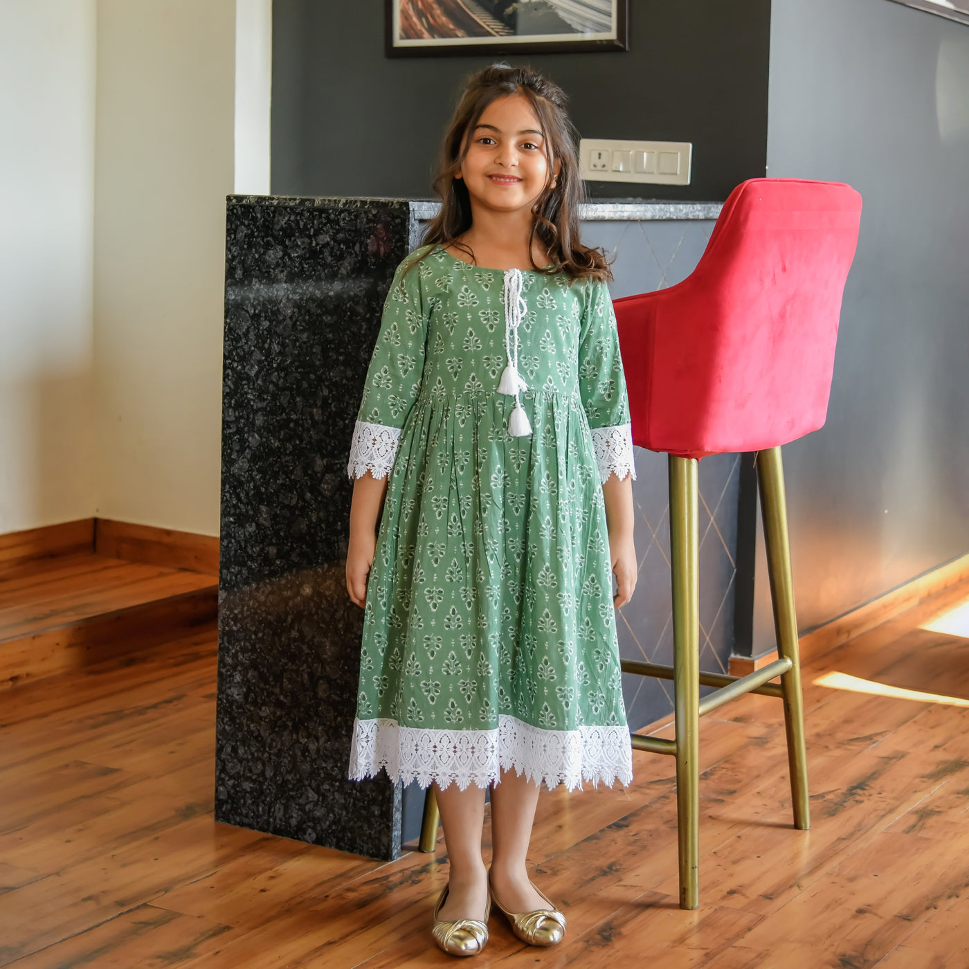 Botanical Green Cotton Mom and Daughter Dresses