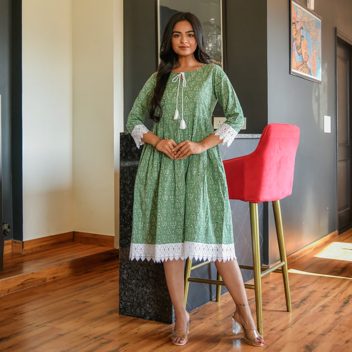 Botanical Green Cotton Mom and Daughter Dresses
