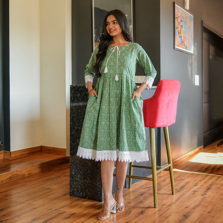 Botanical Green Cotton Mom and Daughter Dresses