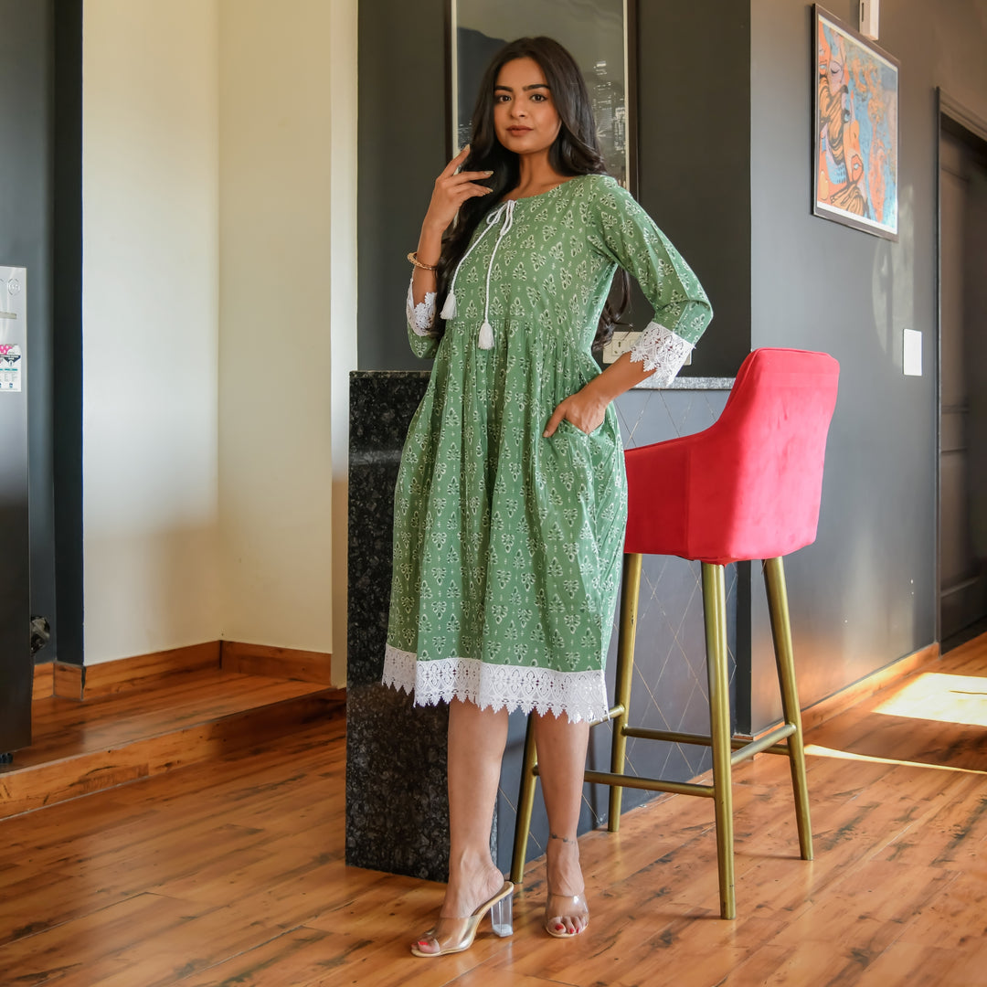 Botanical Green Cotton Mom and Daughter Dresses