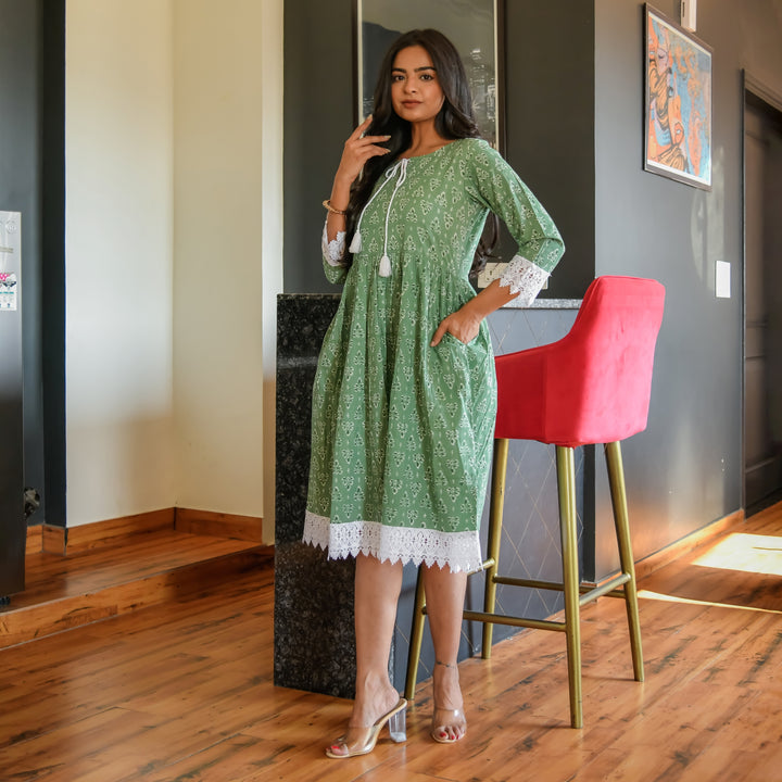 Botanical Green Cotton Mom and Daughter Dresses