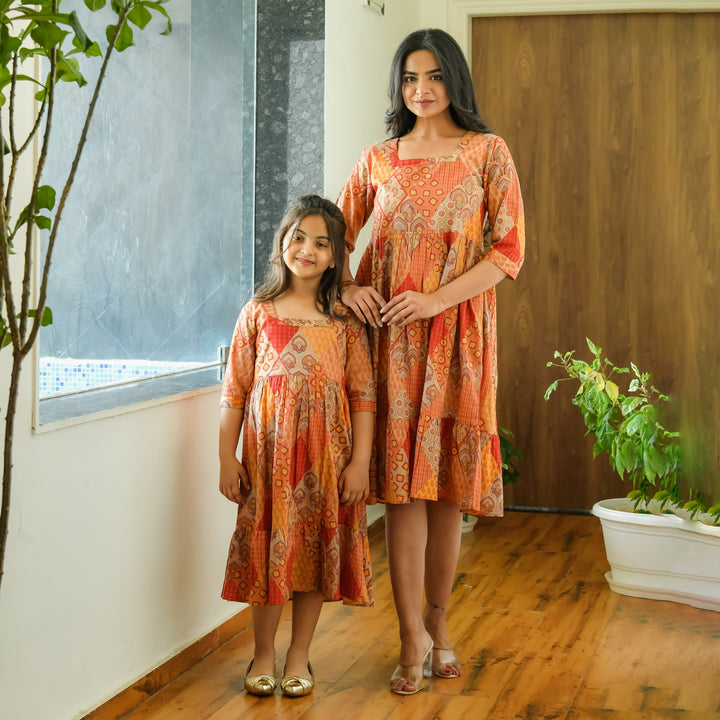 Patches on Grey Cotton Mom and Daughter Dresses