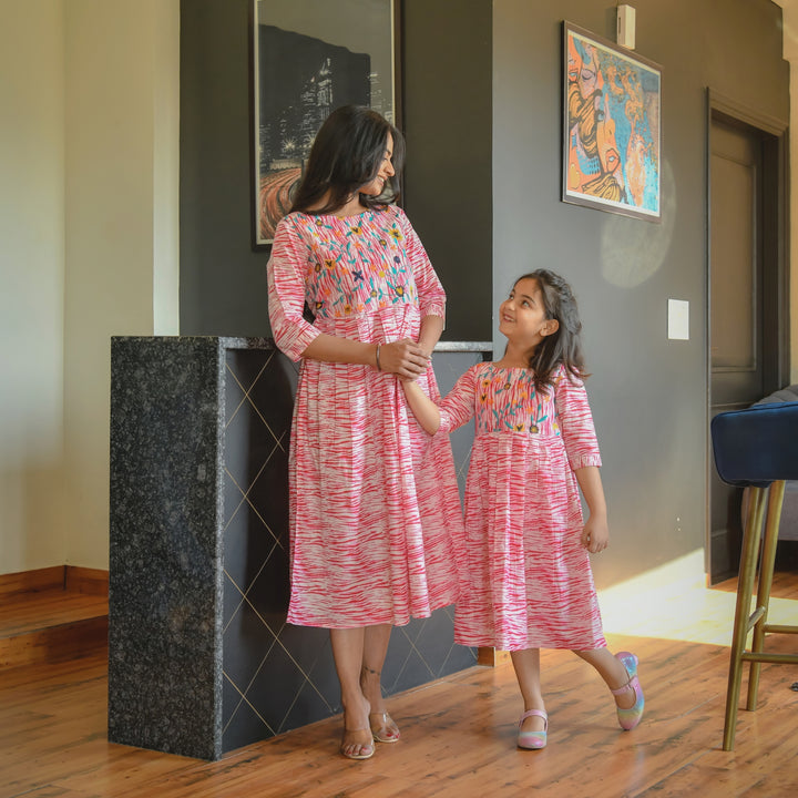 Shibori Pink Embroidered Mom and Daughter Dresses