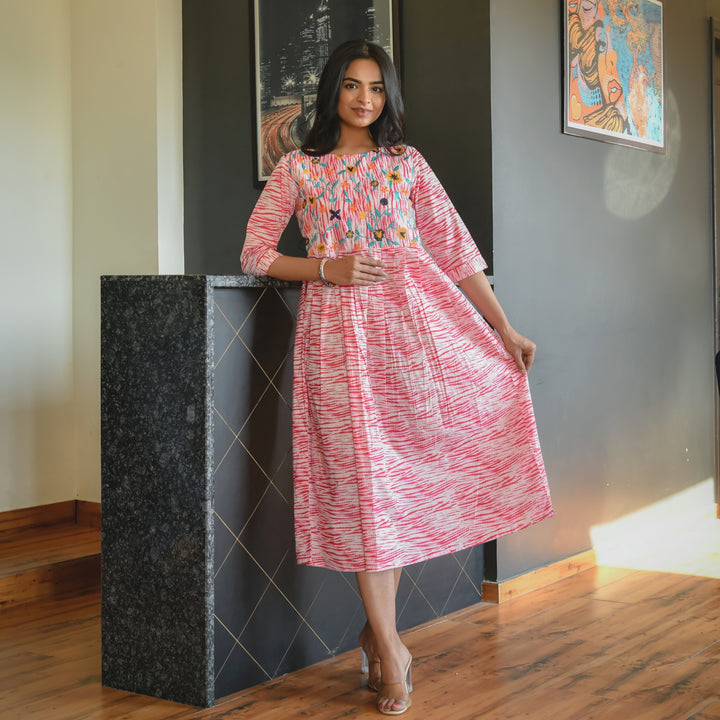 Shibori Pink Embroidered Mom and Daughter Dresses