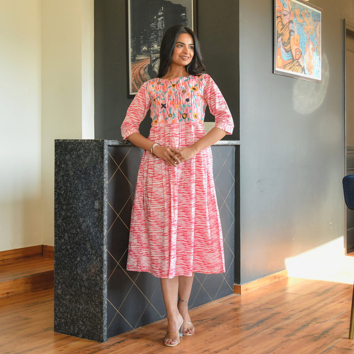 Shibori Pink Embroidered Mom and Daughter Dresses