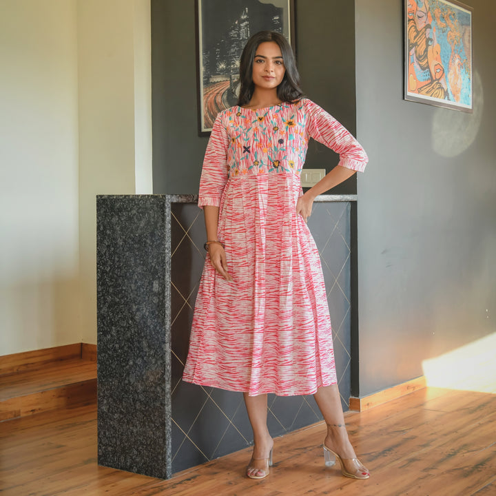 Shibori Pink Embroidered Cotton Dress