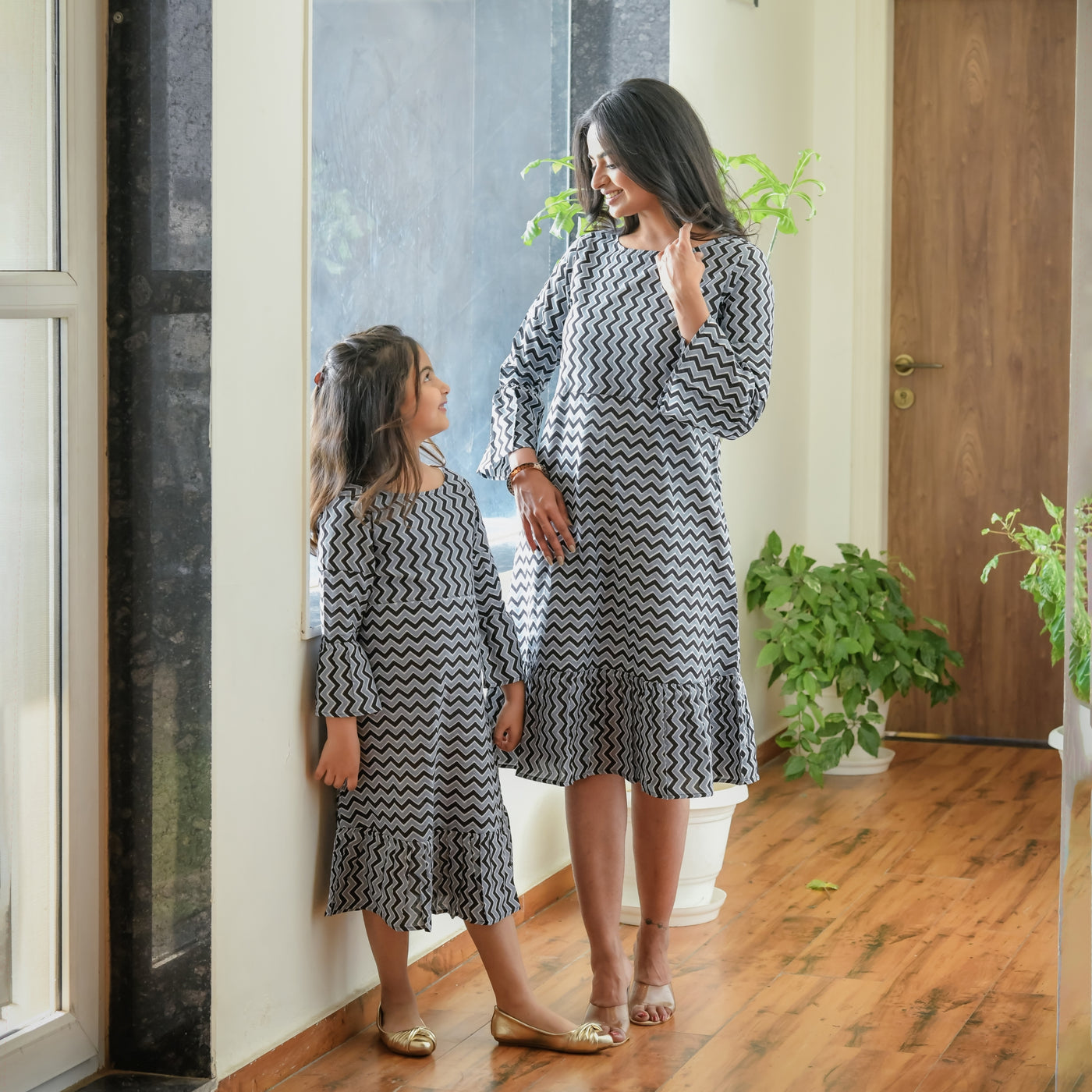 Grey Zigzag A-Line Mom and Daughter Dresses
