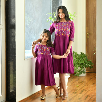 Magenta Rayon Embroidered Mom and Daughter Dresses