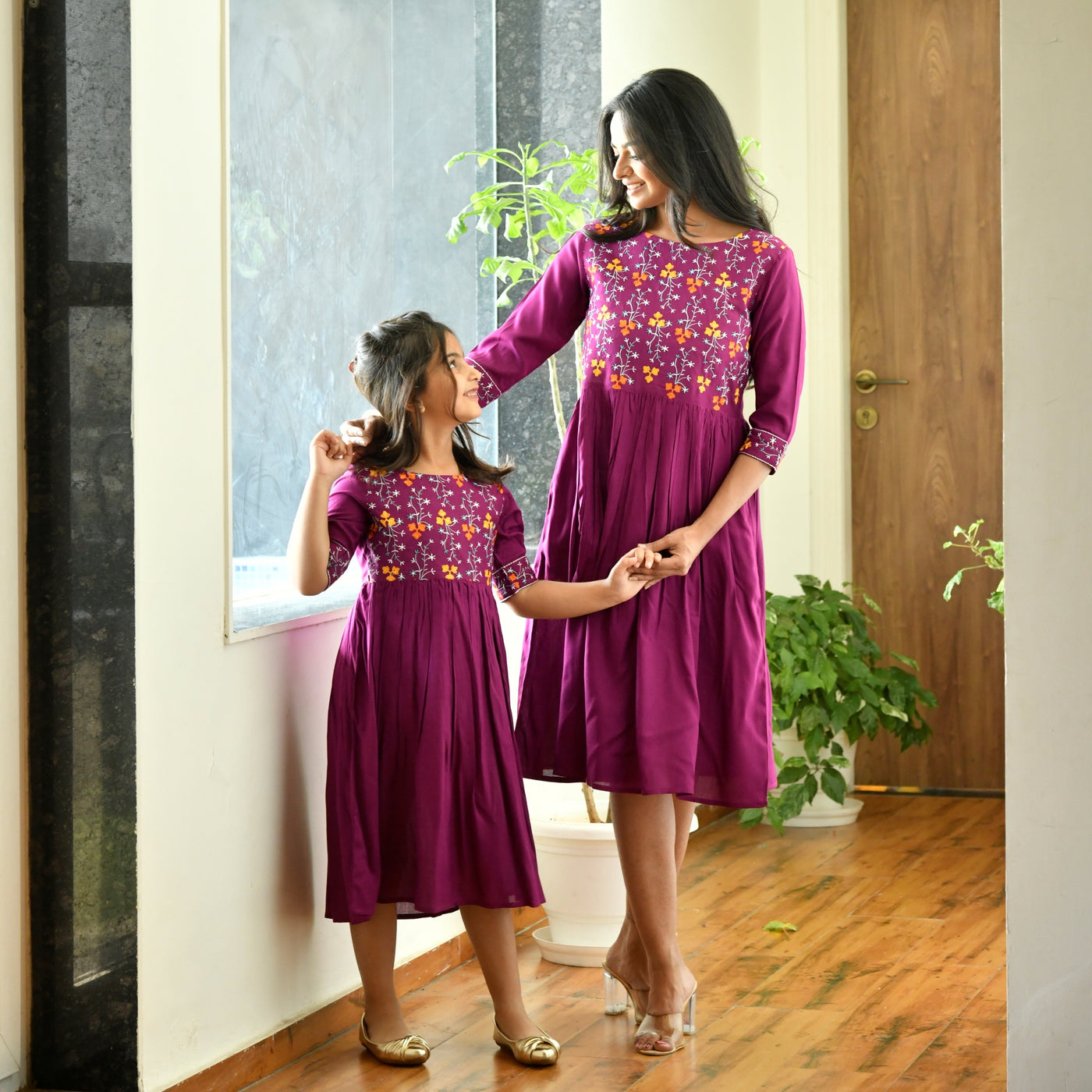 Magenta Rayon Embroidered Mom and Daughter Dresses