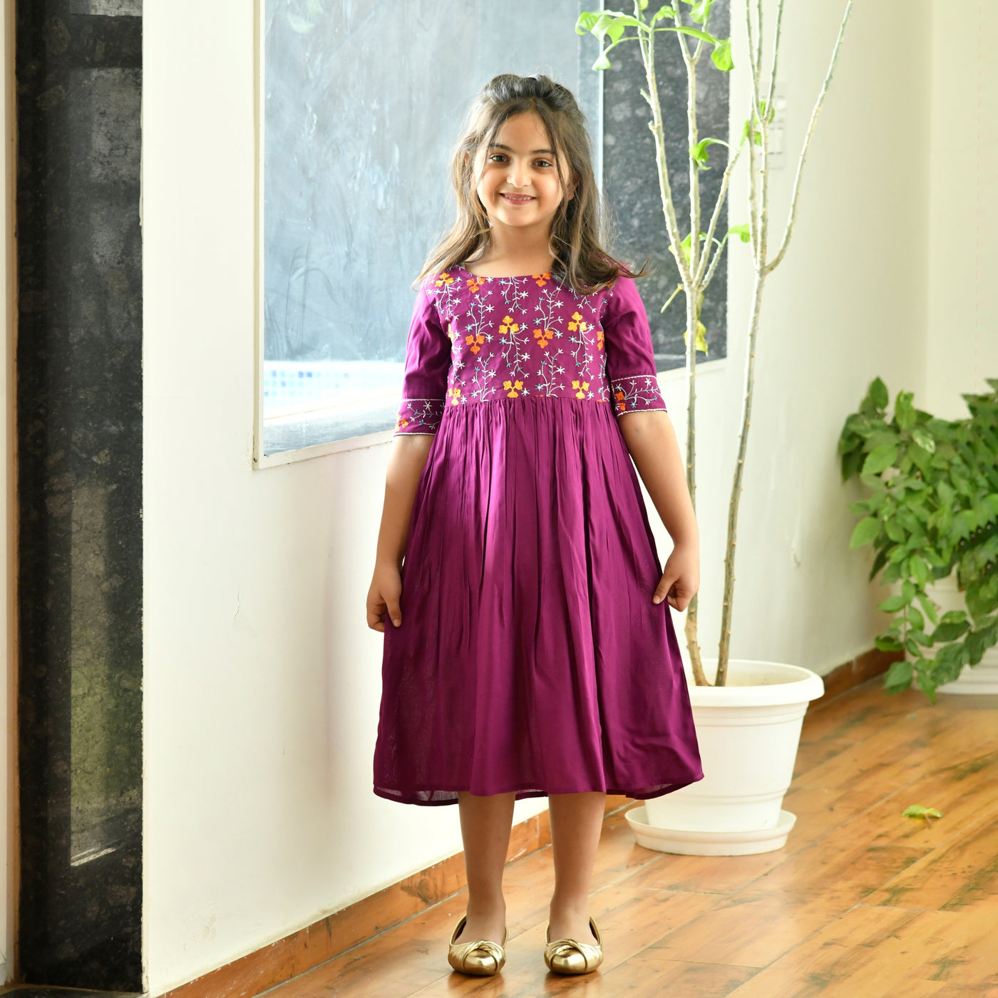 Magenta Rayon Embroidered Mom and Daughter Dresses