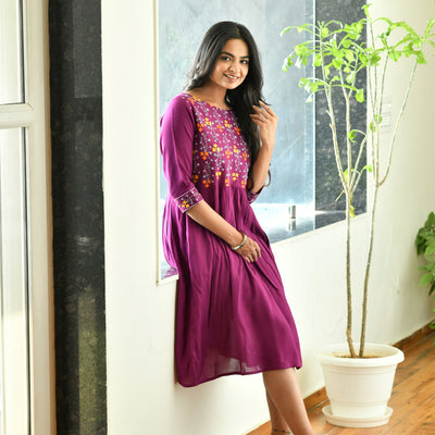 Rayon Magenta Embroidered Dress with Pockets