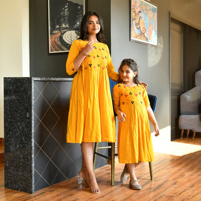 Mustard Rayon Embroidered Mom and Daughter Dresses