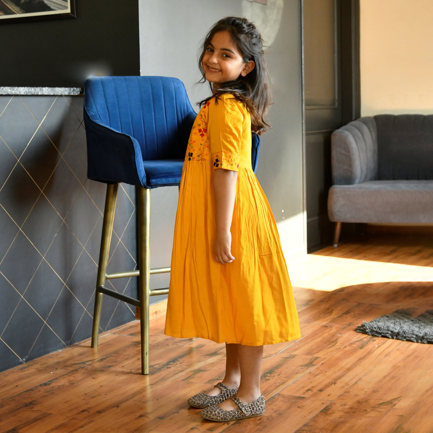 Mustard Rayon Embroidered Mom and Daughter Dresses
