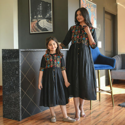 Embroidered Button Down Black Mom and Daughter Dresses