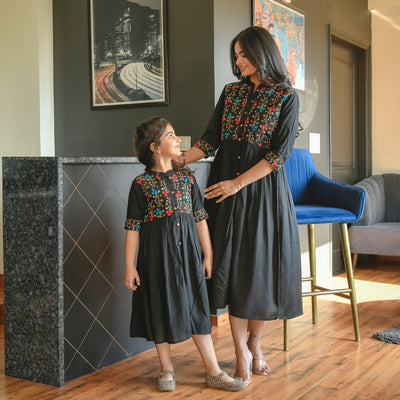 Embroidered Button Down Black Mom and Daughter Dresses