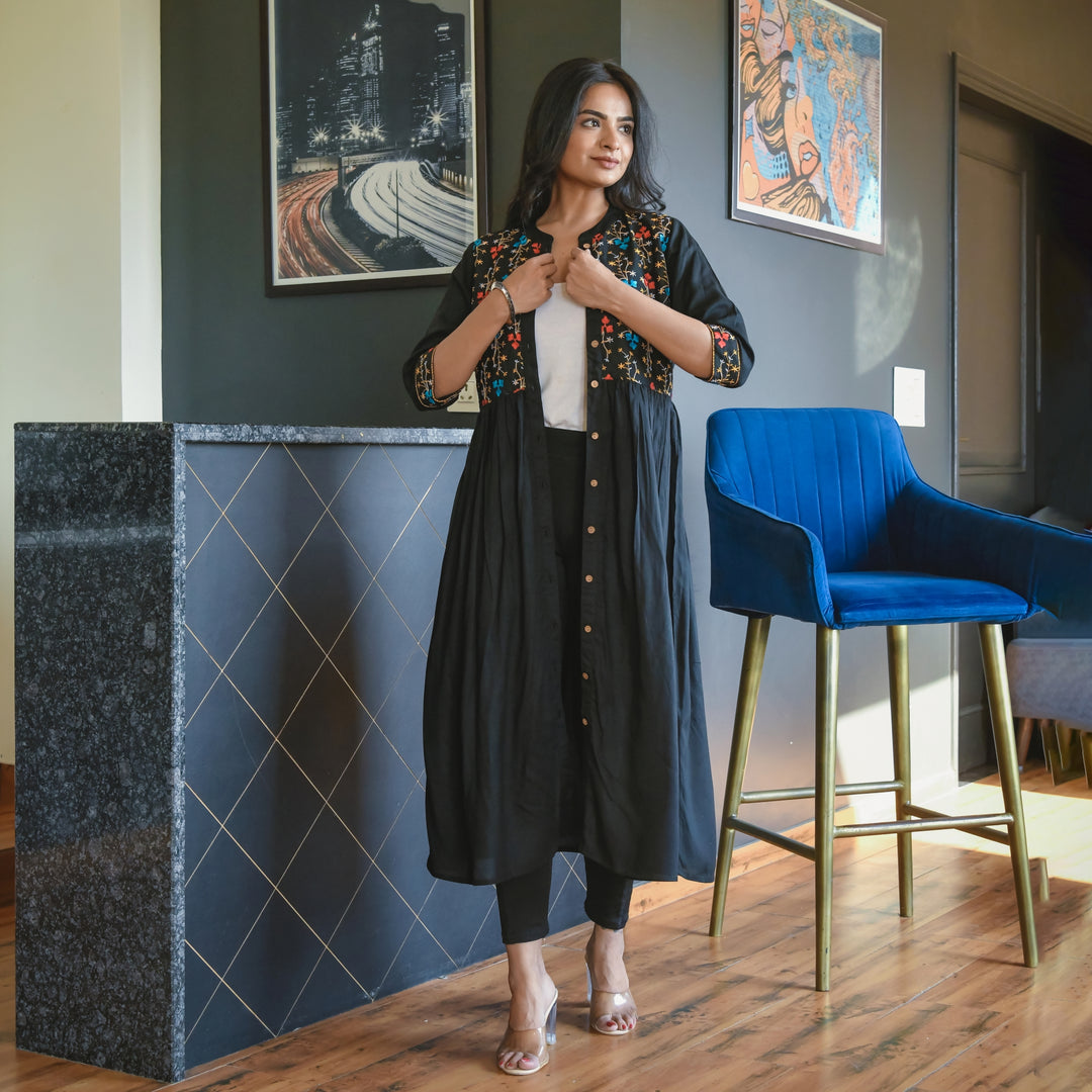 Embroidered Button Down Black Mom and Daughter Dresses