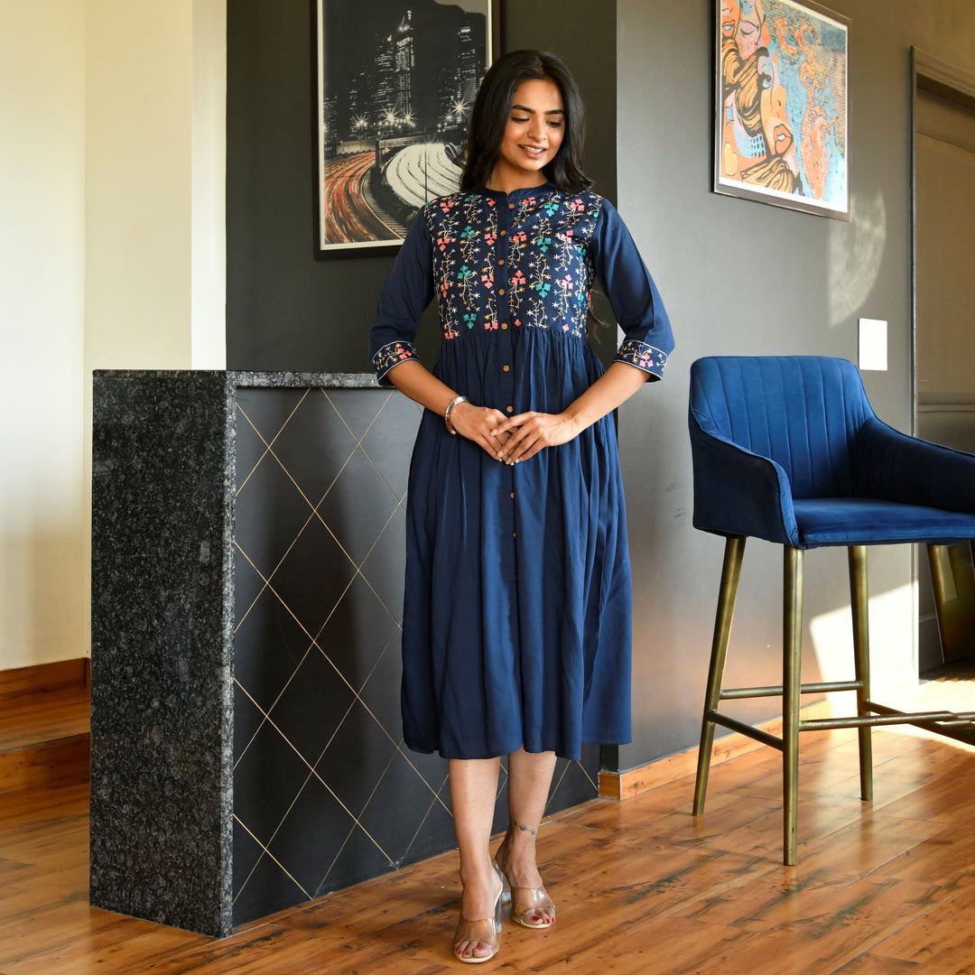 Embroidered Button Down Navy Blue Rayon Dresses