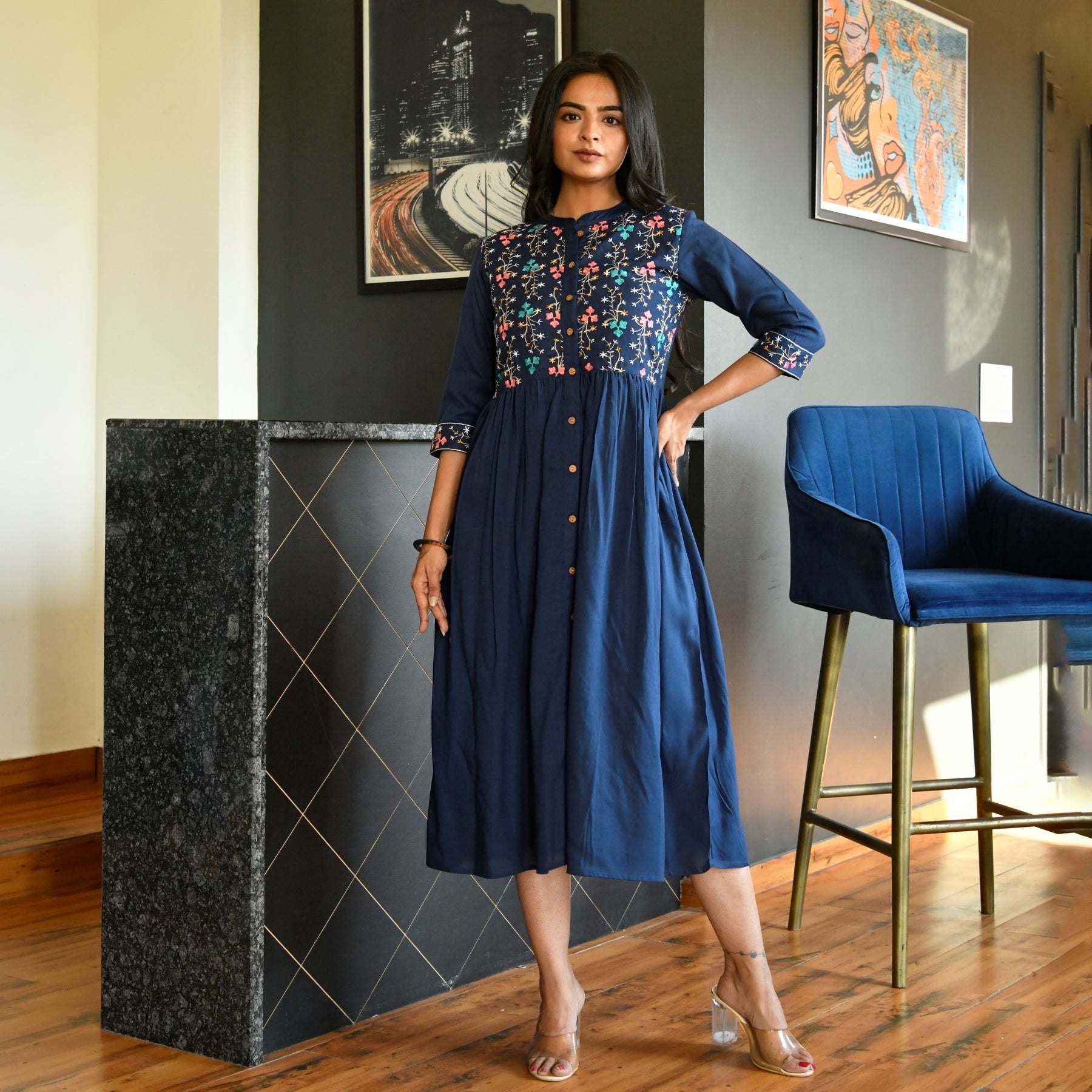 Embroidered Button Down Navy Blue Mom and Daughter Dresses – Fashiana