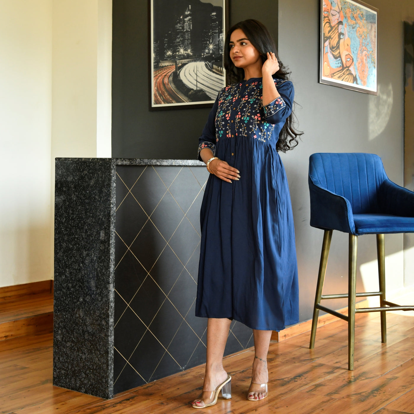 Embroidered Button Down Navy Blue Rayon Dresses