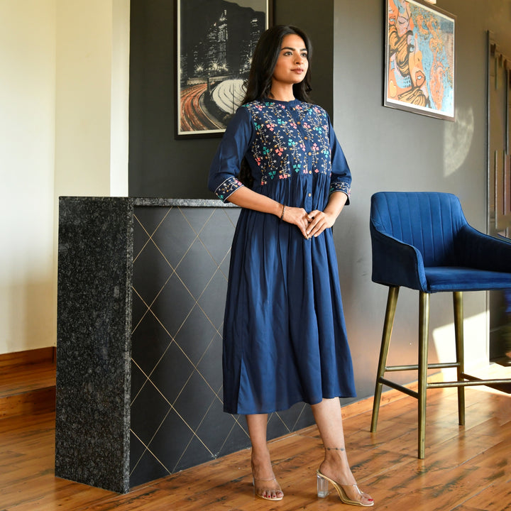Embroidered Button Down Navy Blue Mom and Daughter Dresses