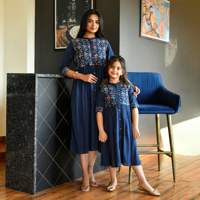 Embroidered Button Down Navy Blue Mom and Daughter Dresses