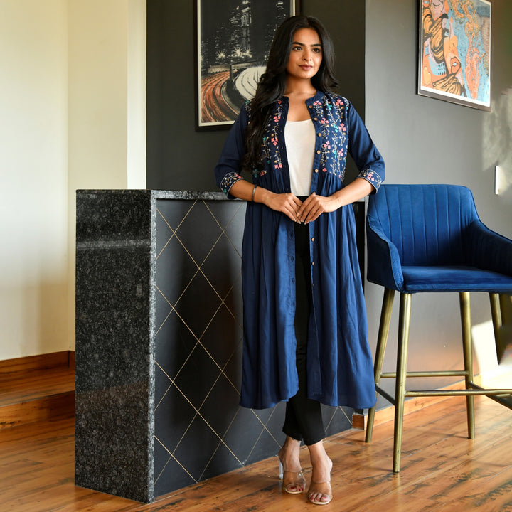 Embroidered Button Down Navy Blue Mom and Daughter Dresses