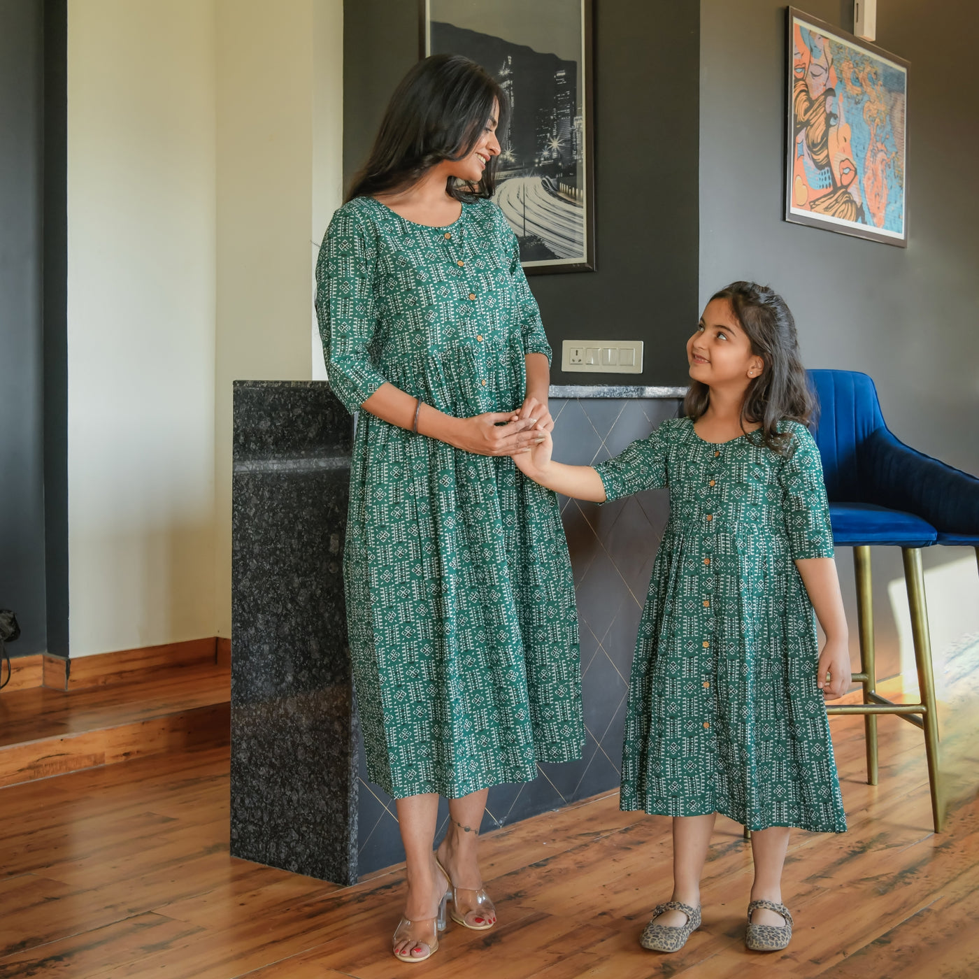 Geometric Green Button Down Mom and Daughter Dresses