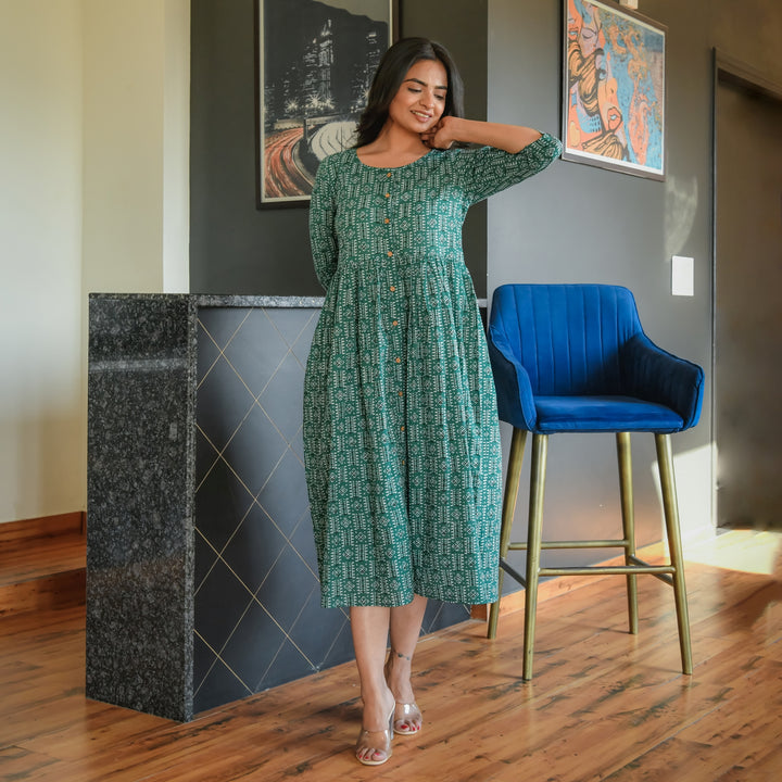 Geometric Green Button Down Dress With Pocket