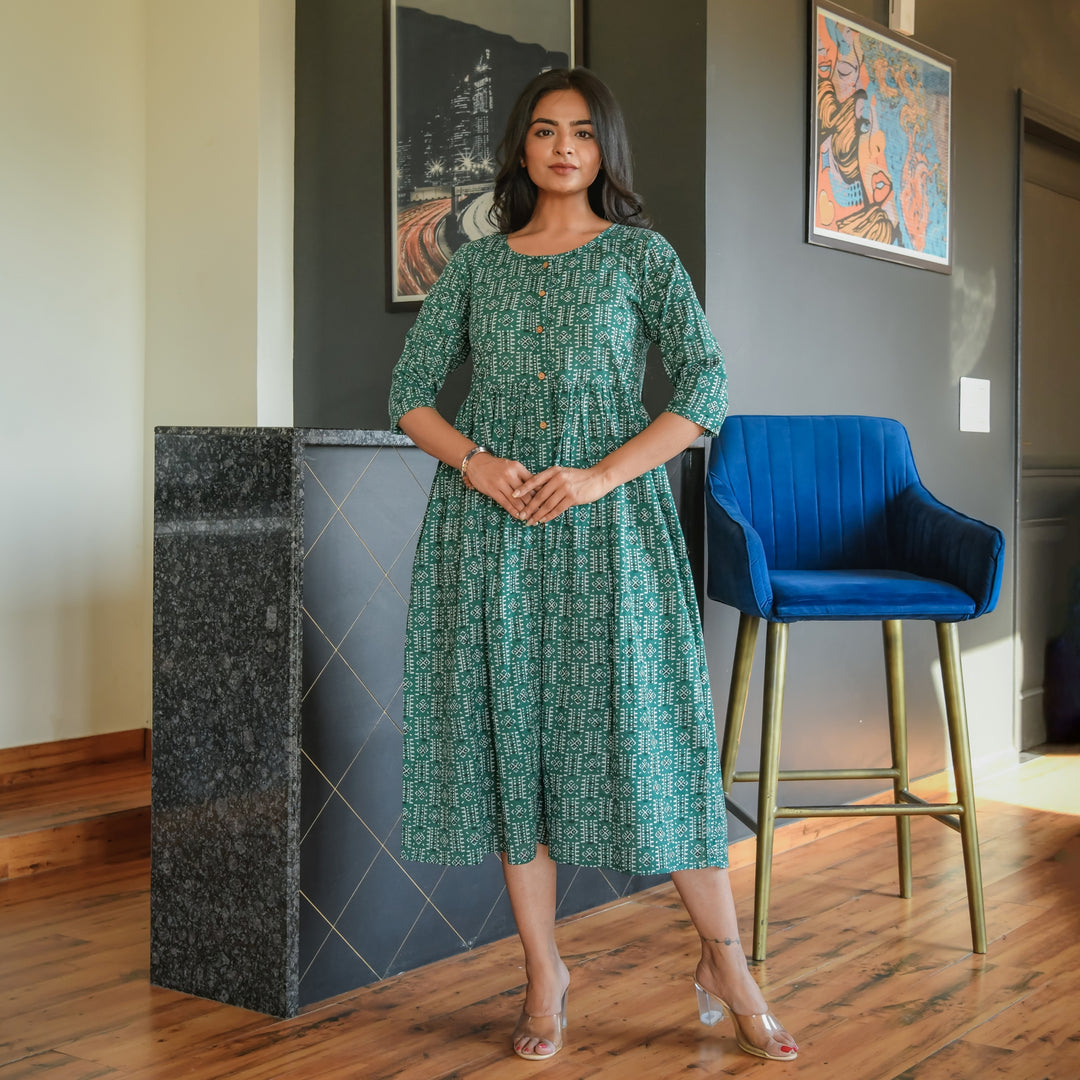 Geometric Green Button Down Dress With Pocket