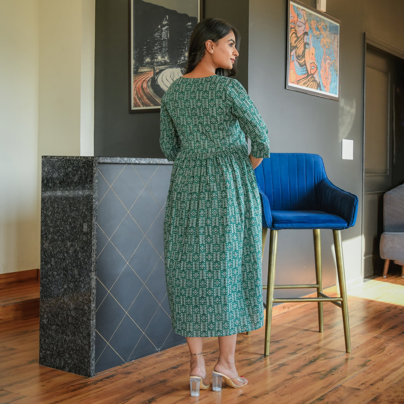 Geometric Green Button Down Dress With Pocket