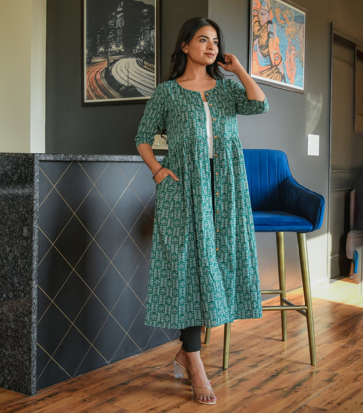 Geometric Green Button Down Dress With Pocket