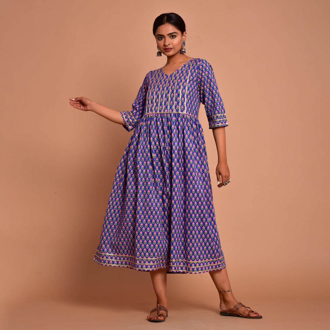 Blue Gota Patti Work Mom and Daughter Dress