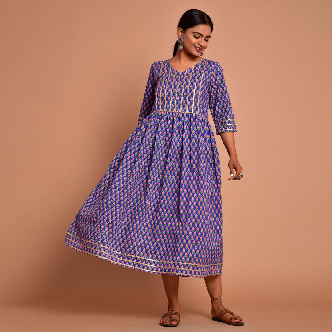 Blue Gota Patti Work Mom and Daughter Dress