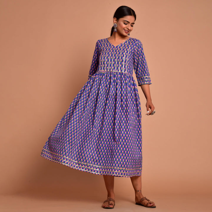 Blue Gota Patti Work Mom and Daughter Dress