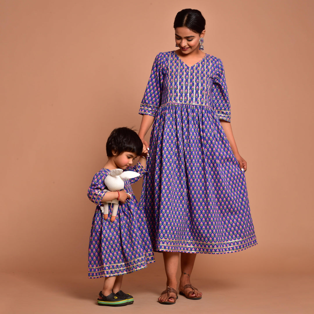 Blue Gota Patti Work Mom and Daughter Dress