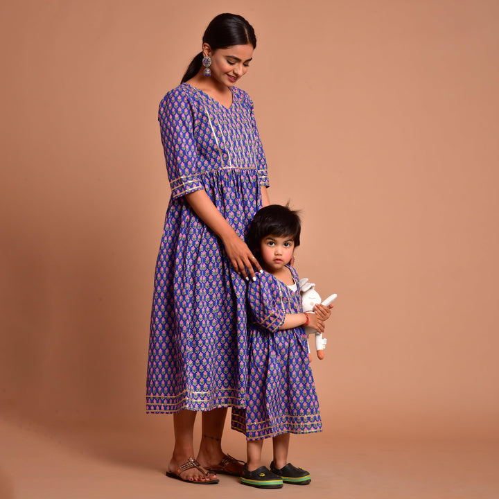 Blue Gota Patti Work Mom and Daughter Dress